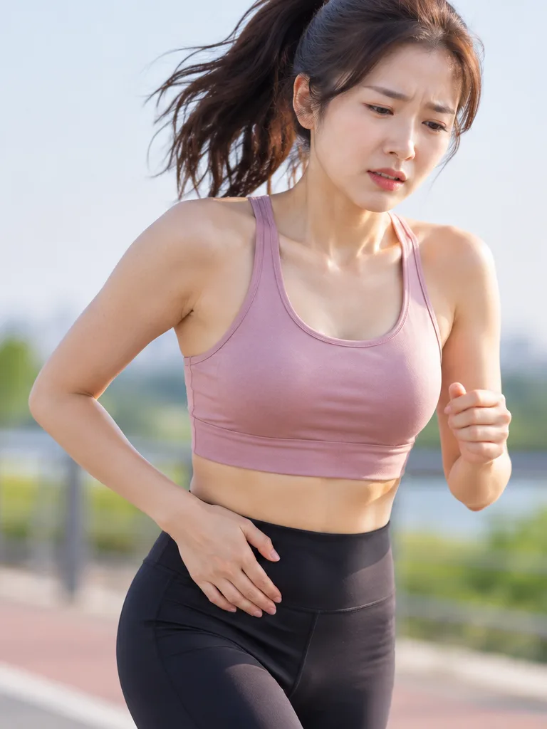 강변을 달리다 옆구리를 잡은 여성의 모습