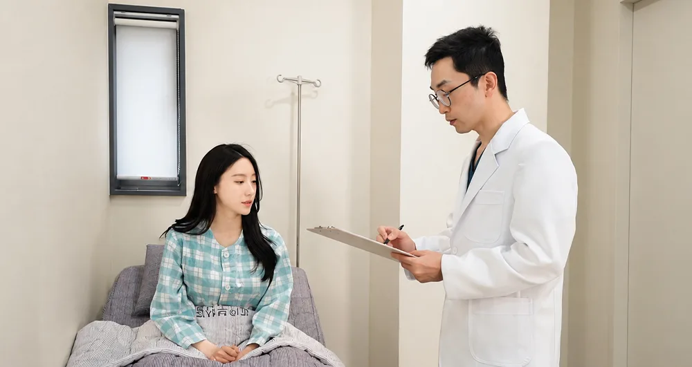 시술 후 회복실에서 상태를 확인하는 원장