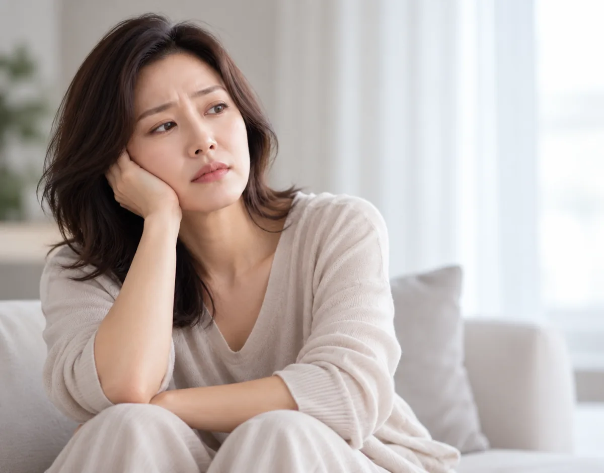 고민에 잠긴 표정으로 창가에 앉아 있는 여성
