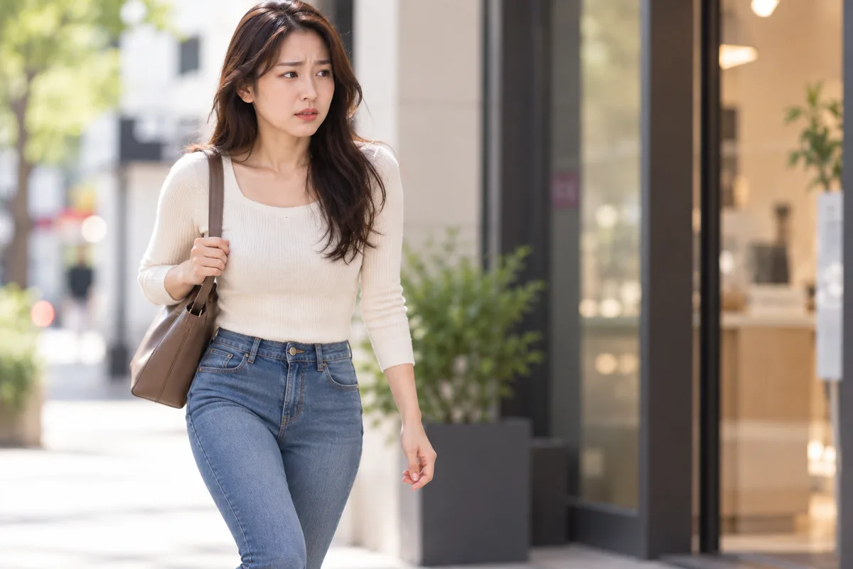도심 거리에서 발걸음을 재촉하는 여성의 모습