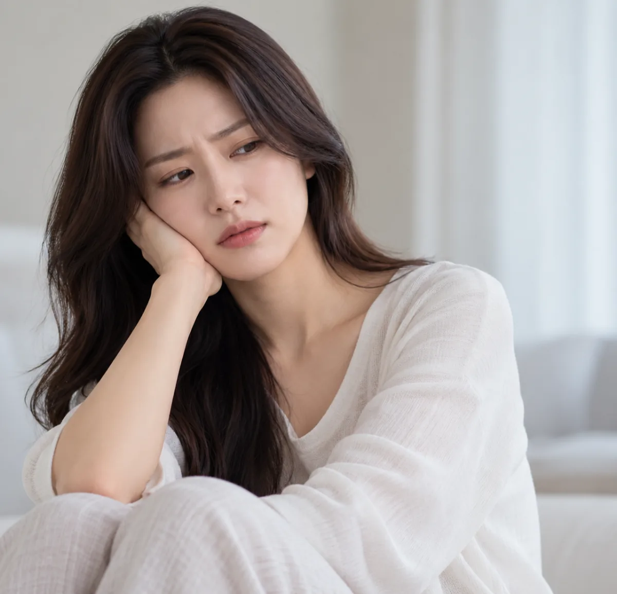 고민에 잠긴 표정으로 앉아 있는 여성